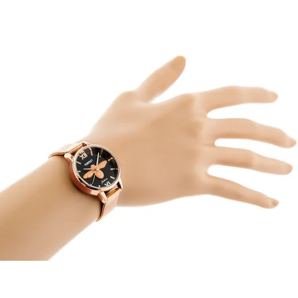 Női karóra rosegold fém szíjjal, fekete számlap, Perfect S639 + díszdoboz