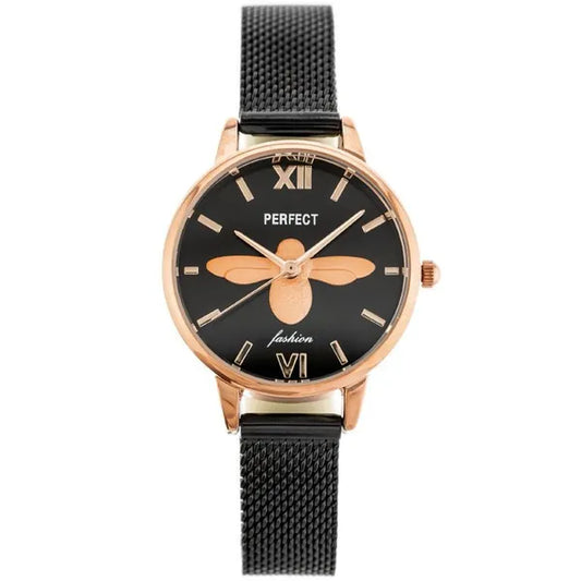 Női karóra, japán quartz, rosegold tok, fekete fém szíj, 32 mm