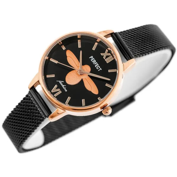Női karóra, japán quartz, rosegold tok, fekete fém szíj, 32 mm