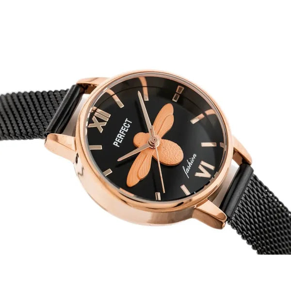 Női karóra, japán quartz, rosegold tok, fekete fém szíj, 32 mm