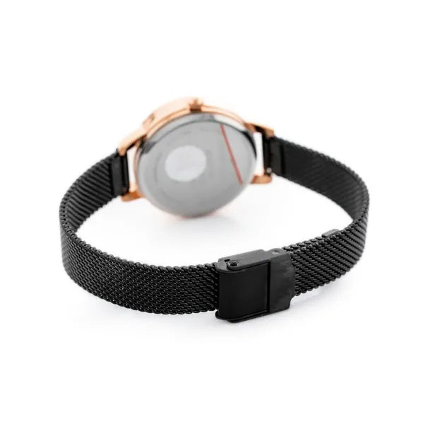 Női karóra, japán quartz, rosegold tok, fekete fém szíj, 32 mm