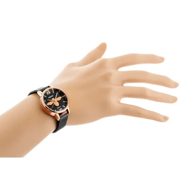 Női karóra, japán quartz, rosegold tok, fekete fém szíj, 32 mm