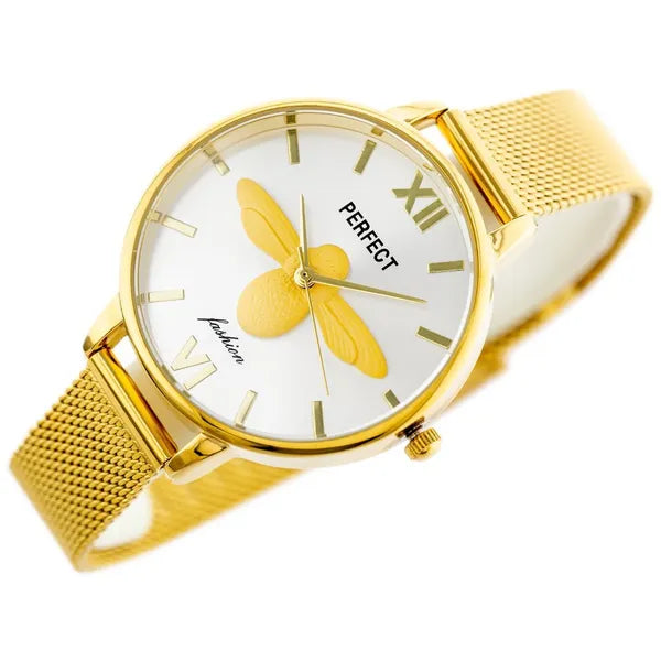 Perfect női karóra, arany fém szíj, ezüst számlap, WR30, 34 mm