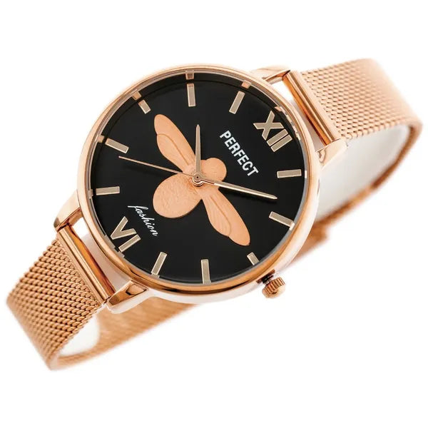 Női rosegold fém karkötős quartz karóra fekete számlappal 34 mm WR30