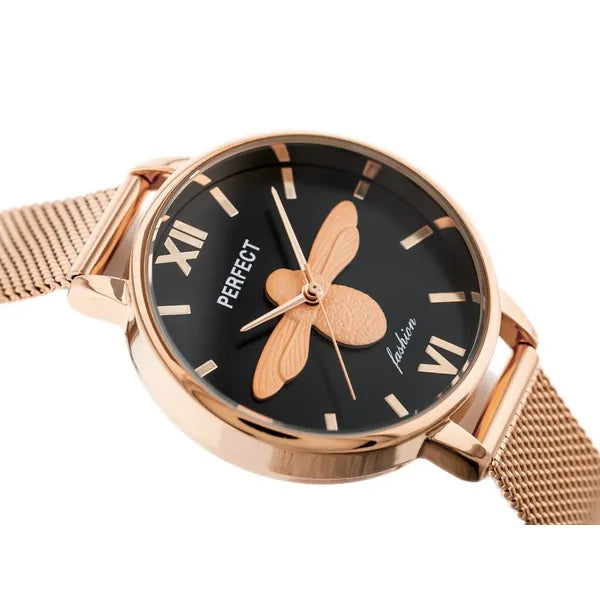 Női rosegold fém karkötős quartz karóra fekete számlappal 34 mm WR30