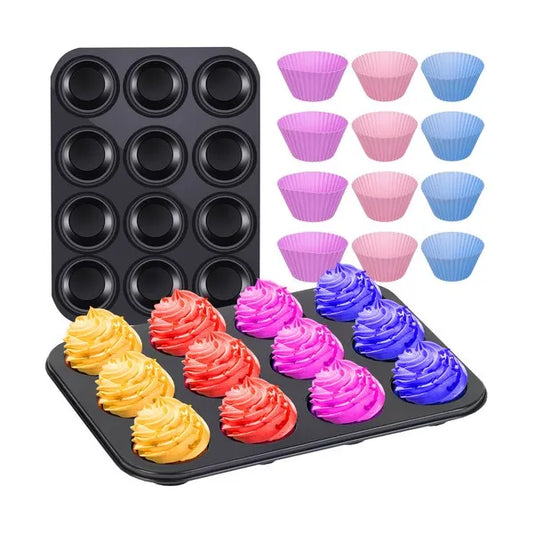 Teflonos muffin sütőtepsi 35×26 cm, 12 szilikon formával