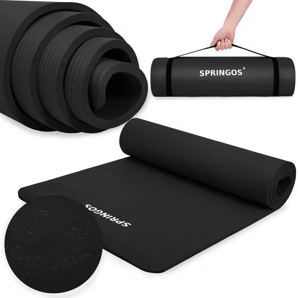 Fekete NBR jóga- és fitneszszőnyeg 183×61×1 cm hordpánttal
