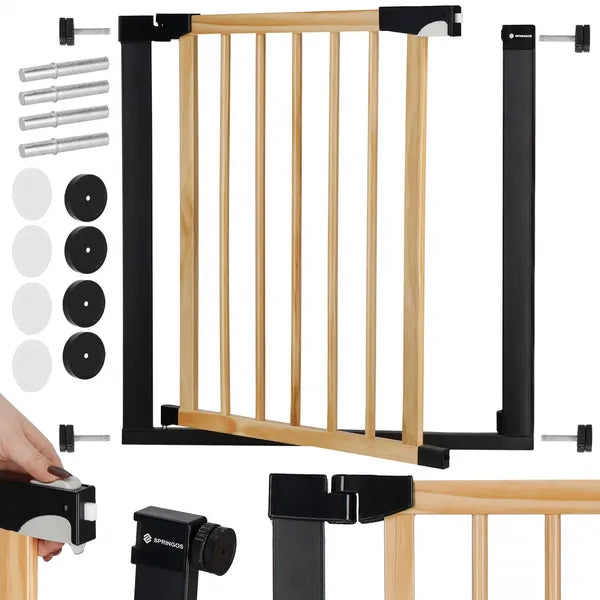 Fa-fém biztonsági babaajtó, 75-82 cm, automatikus záródás, barna/fekete