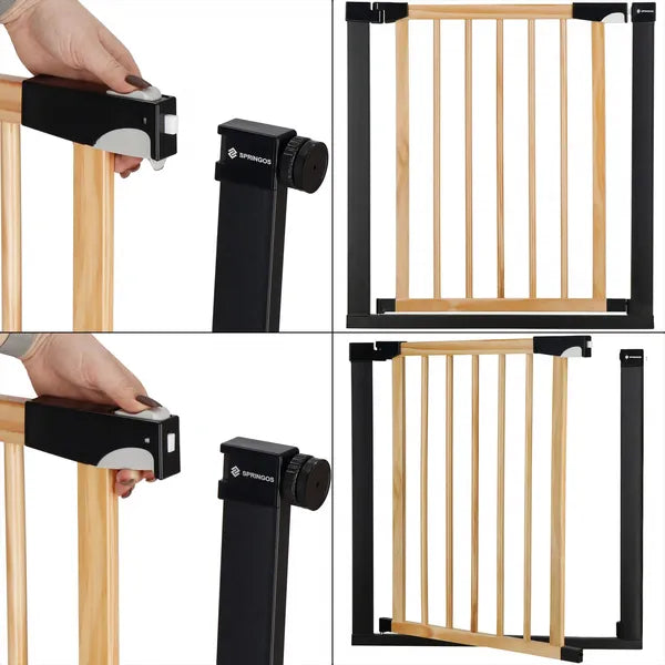 Fa-fém biztonsági babaajtó, 75-82 cm, automatikus záródás, barna/fekete