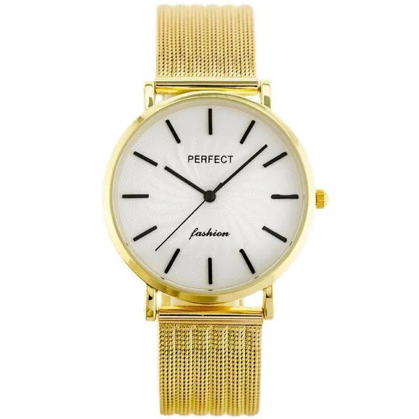 Női karóra, quartz, arany acél szíj, ezüst számlap, Perfect E334