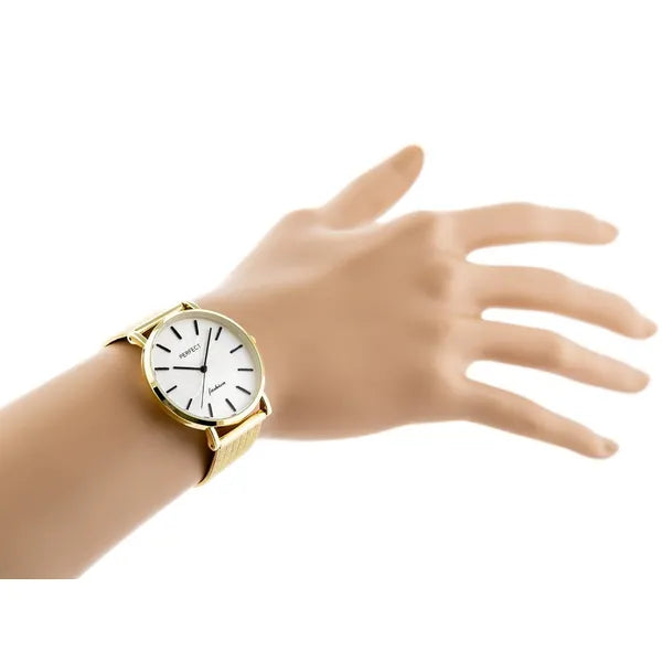 Női karóra, quartz, arany acél szíj, ezüst számlap, Perfect E334