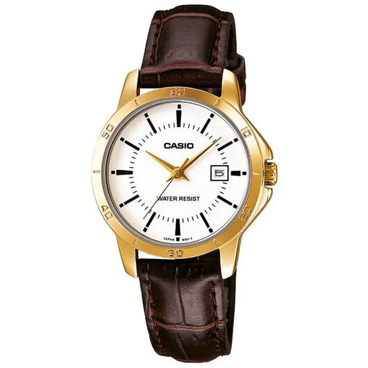 Casio LTP-V004GL-7A női karóra, arany tok, barna bőrszíj, fehér számlap