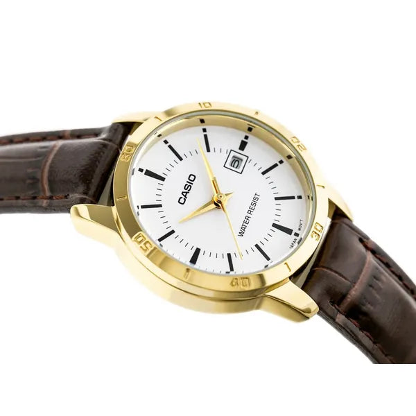 Casio LTP-V004GL-7A női karóra, arany tok, barna bőrszíj, fehér számlap