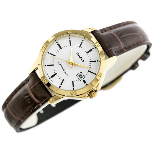 Casio LTP-V004GL-7A női karóra, arany tok, barna bőrszíj, fehér számlap