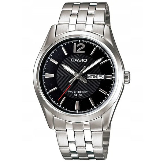Casio MTP-1335D-1AV férfi karóra, ezüst acél szíj, fekete számlap, WR50