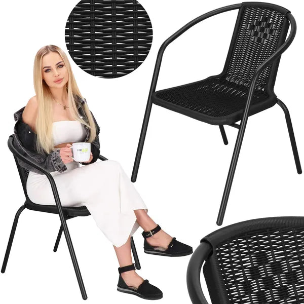 Fekete, rattan hatású fém kerti szék, 120 kg teherbírás