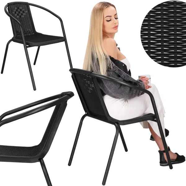 Fekete, rattan hatású fém kerti szék, 120 kg teherbírás