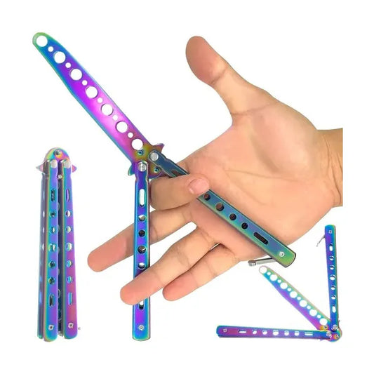 Gyakorló pillangókés tompa pengével, szivárvány titán-acél, 22 cm