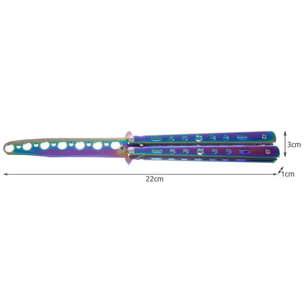 Gyakorló pillangókés tompa pengével, szivárvány titán-acél, 22 cm