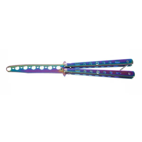 Gyakorló pillangókés tompa pengével, szivárvány titán-acél, 22 cm