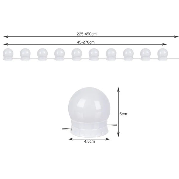 USB-s LED sminktükör fényfüzér, 10 gömb, 30 mód, 4,5 m kábel