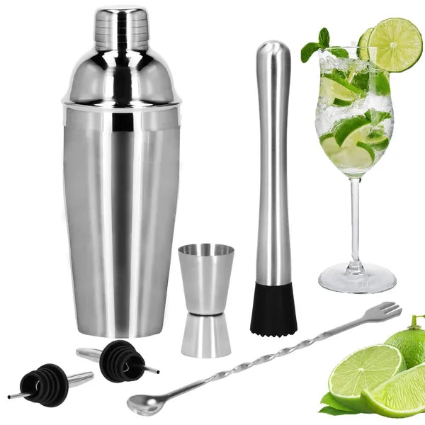6 részes rozsdamentes acél bármixer készlet 750 ml shakerral, ezüst