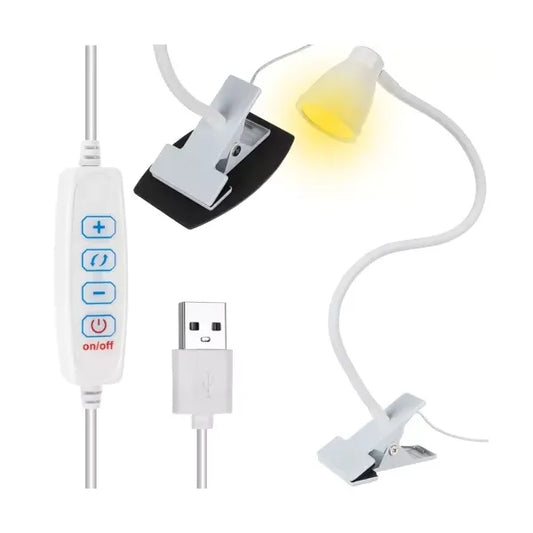 Fehér LED asztali lámpa csipesszel és talppal, USB, 3 szín, 10 fényerő