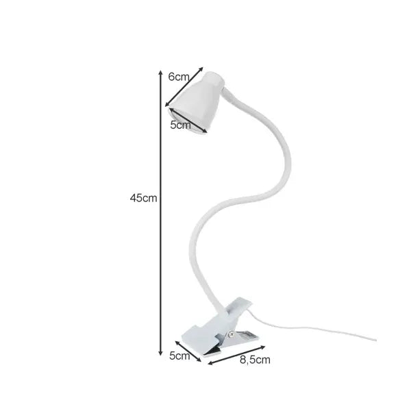 Fehér LED asztali lámpa csipesszel és talppal, USB, 3 szín, 10 fényerő