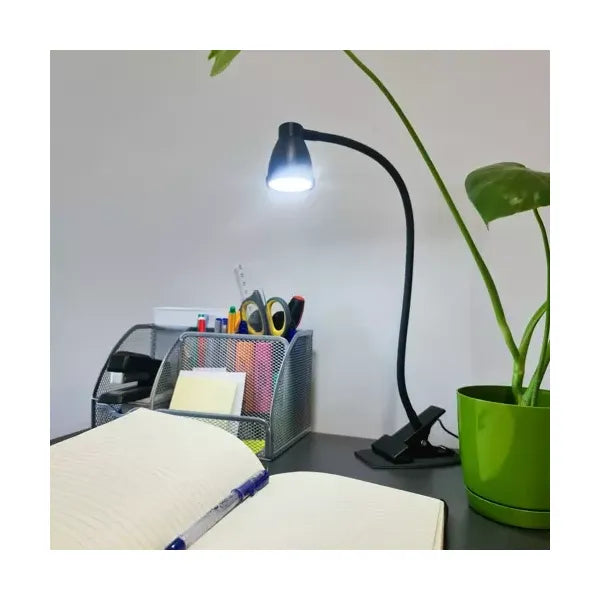 LED asztali lámpa csipesszel és talppal, 3 színhő, 10 fényerő, USB, fekete