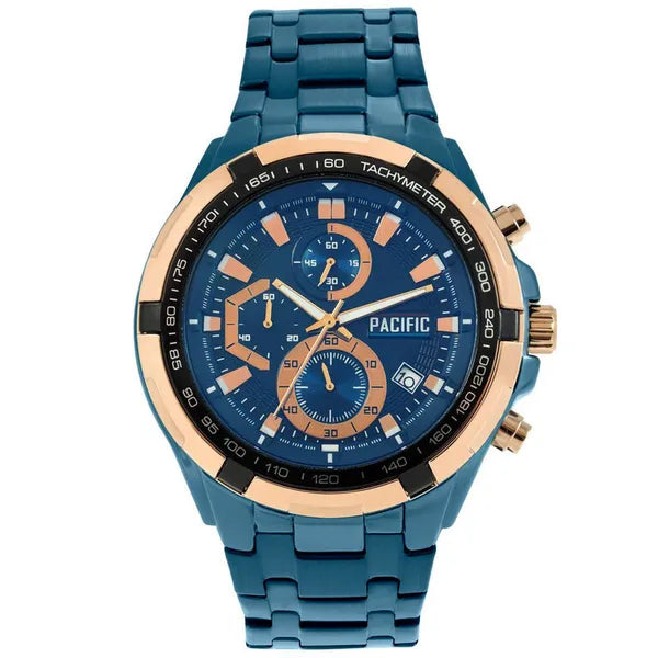 Férfi kronográf karóra quartz, kék számlap, acél szíj, 48 mm