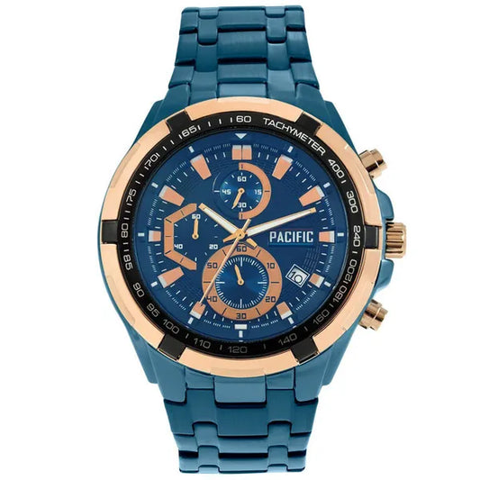 Férfi kronográf karóra quartz, kék számlap, acél szíj, 48 mm