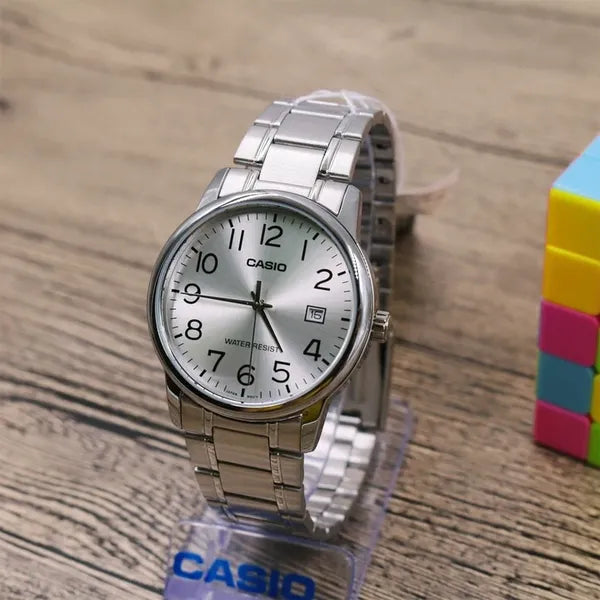 Casio MTP-V002D-7BUDF férfi karóra, rozsdamentes acél, ezüst, dátum, WR30