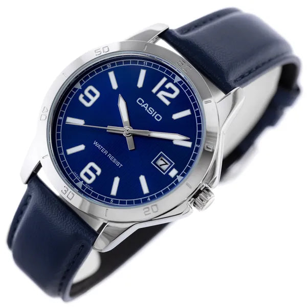 Casio MTP-V004L férfi karóra, kék számlap/bőrszíj, kvarc, dátum, WR30