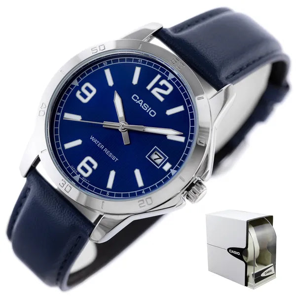 Casio MTP-V004L férfi karóra, kék számlap/bőrszíj, kvarc, dátum, WR30