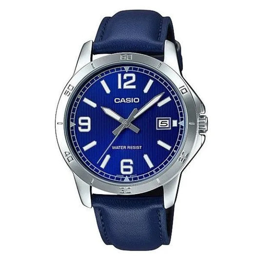 Casio MTP-V004L férfi karóra, kék számlap/bőrszíj, kvarc, dátum, WR30