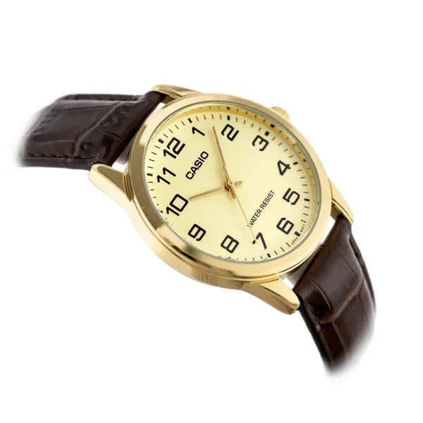 Casio MTP-V001GL-9B férfi karóra, arany számlap, barna bőrszíj, WR30