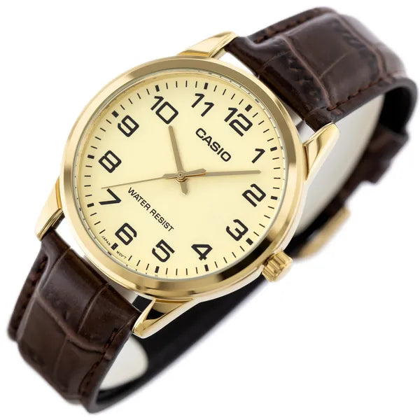 Casio MTP-V001GL-9B férfi karóra, arany számlap, barna bőrszíj, WR30