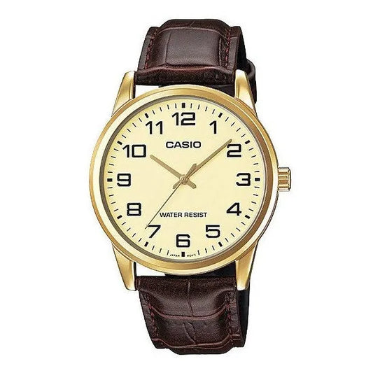 Casio MTP-V001GL-9B férfi karóra, arany számlap, barna bőrszíj, WR30