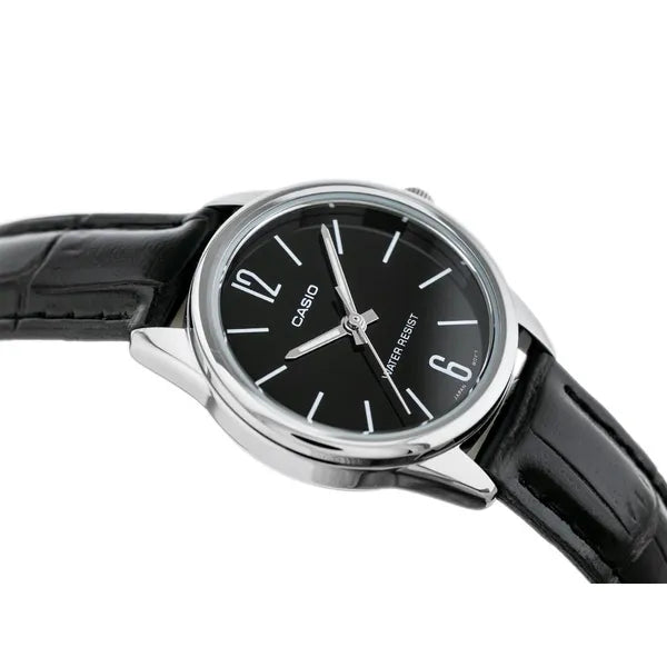 Casio LTP-V005L-1B női kvarc karóra, fekete bőrszíj, WR30, 28 mm