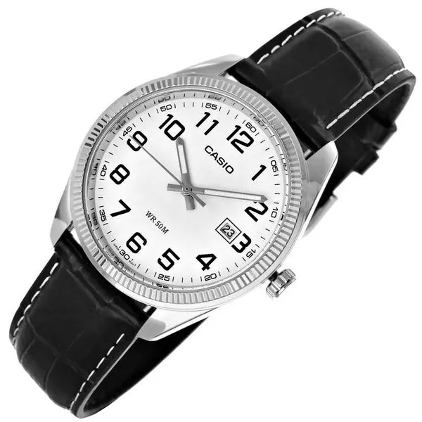 Casio MTP-1302PL-7B férfi karóra, bőr szíj, fehér számlap, WR50