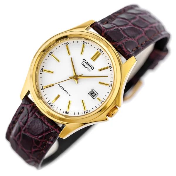Casio MTP-1183Q-7ADF férfi kvarc karóra, arany 38 mm tok, barna bőrszíj