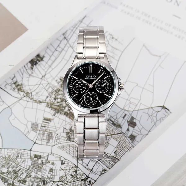 Casio LTP-V300D-1A női kvarc óra, rozsdamentes acél, fekete számlap, WR50M