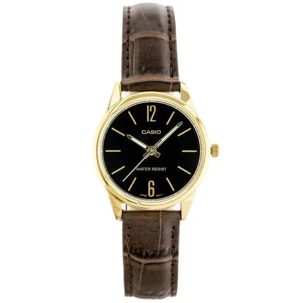 Casio női karóra LTP-V005GL-1B, arany tok, barna bőrszíj, fekete számlap