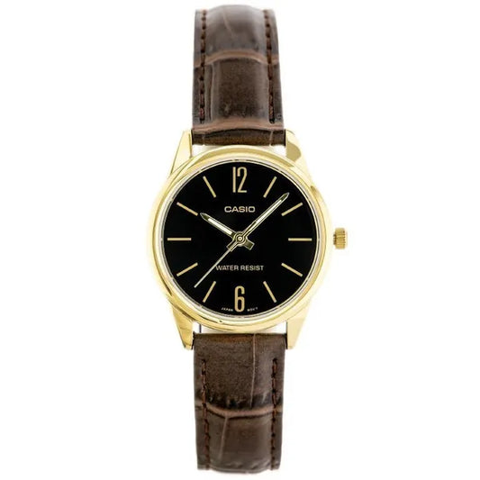 Casio női karóra LTP-V005GL-1B, arany tok, barna bőrszíj, fekete számlap