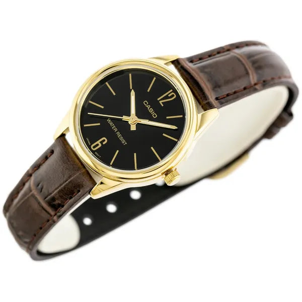 Casio női karóra LTP-V005GL-1B, arany tok, barna bőrszíj, fekete számlap