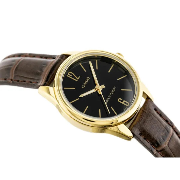 Casio női karóra LTP-V005GL-1B, arany tok, barna bőrszíj, fekete számlap