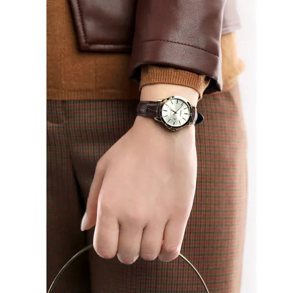Casio női karóra LTP-V004GL-9A, kvarc, arany számlap, barna bőr szíj, WR30