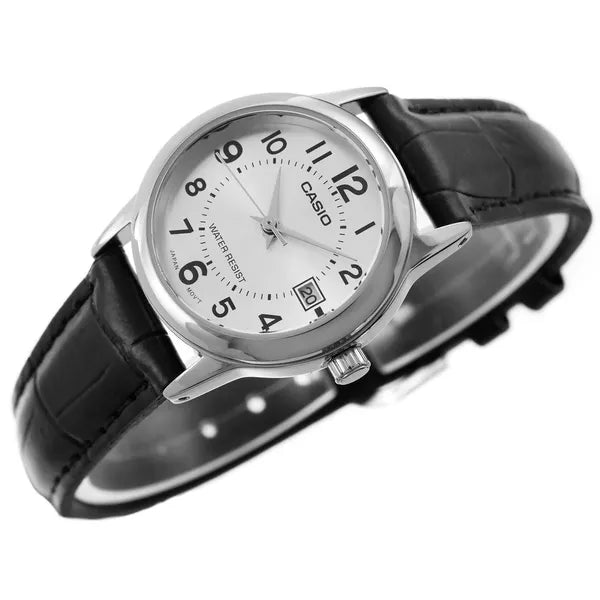 Casio női karóra LTP-V002L-7BUDF, fekete bőrszíj, ezüst számlap, 25 mm, WR30