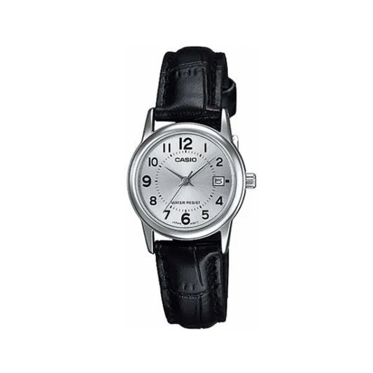 Casio női karóra LTP-V002L-7BUDF, fekete bőrszíj, ezüst számlap, 25 mm, WR30