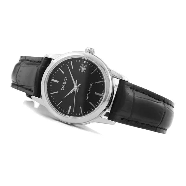 Casio női karóra fekete bőrszíjjal, ezüst tok 25 mm, WR30